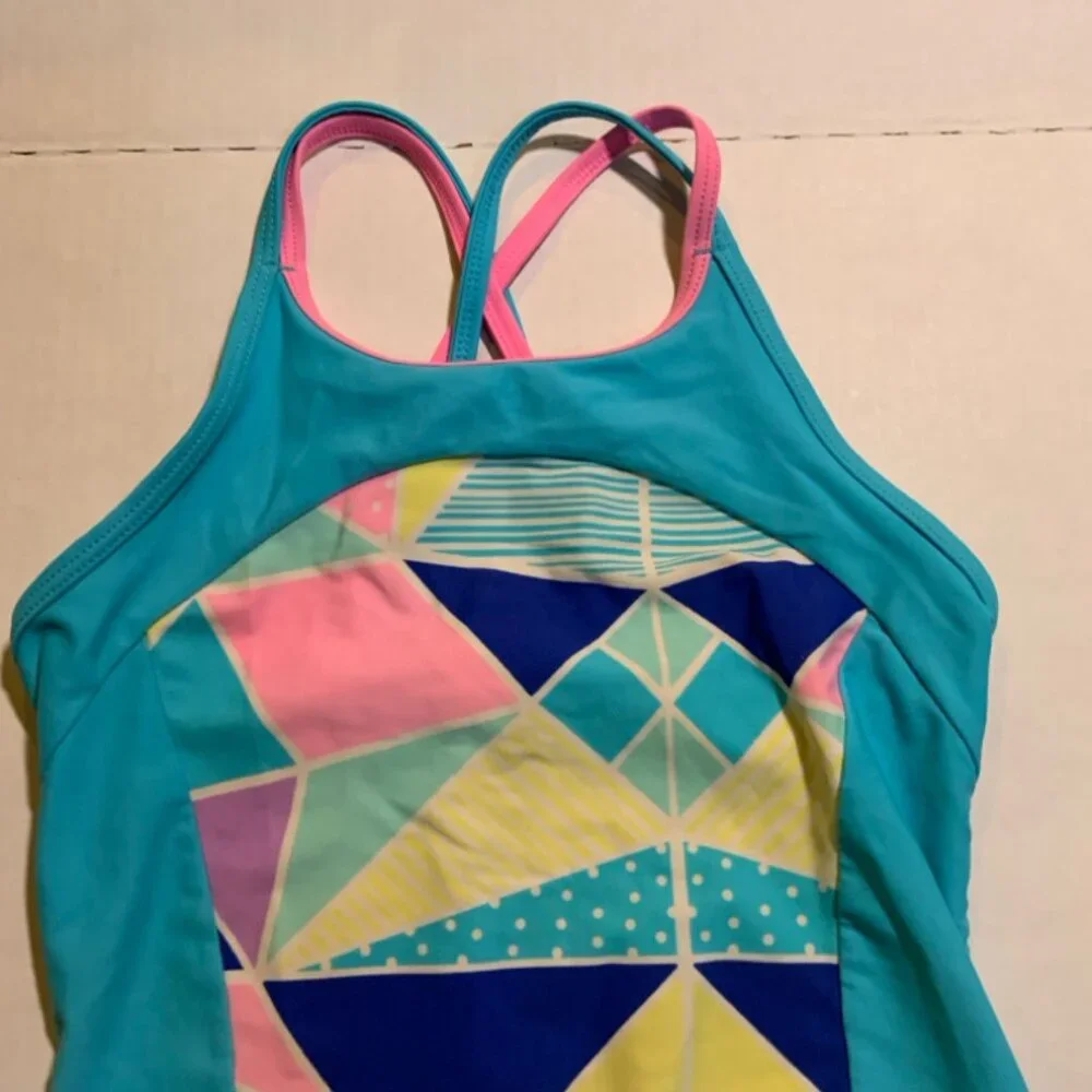 Vtg Joe Boxer Girls LG 10/12 Retro Look Geometric Criss Cross One Piece Swimsuit